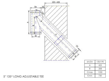 DTW 135 Degree Adjustable Tee 730 - 1040mm 5 Inch SS - 0