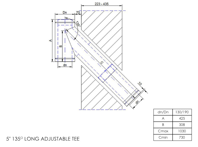 DTW 135 Degree Adjustable Tee 730 - 1040mm 5 Inch MB - 0