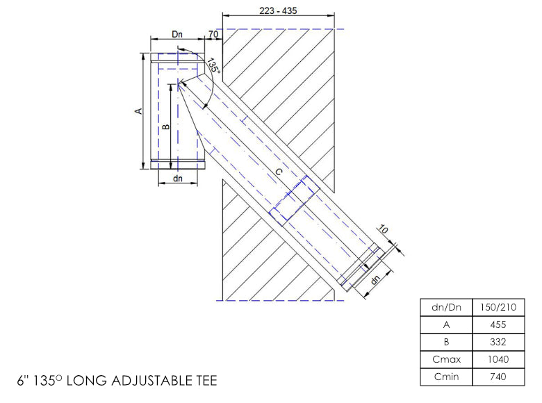 DTW 135 Degree Adjustable Tee 730 - 1040mm 6 Inch MB - 0