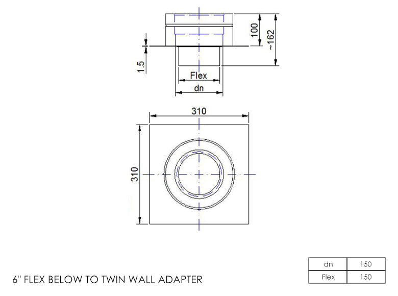 DTW Flex Below to Twin Wall Adapter 6 Inch SS - 0